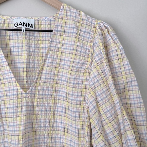 GANNI | Puff Sleeve V-Neck Plaid Check Seersucker Top - Picture 6 of 16